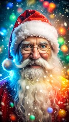 Portrait of a happy santa claus with a white beard and christmas lights
