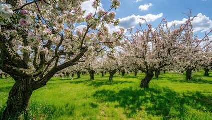 Fototapeta premium Beautiful apple tree garden in full bloom on a sunny spring day, showcasing seasonal change