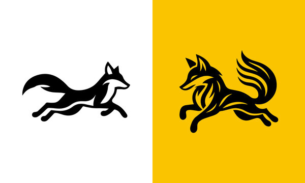 Illustration of a running fox in black and white and a colorful version on a yellow background