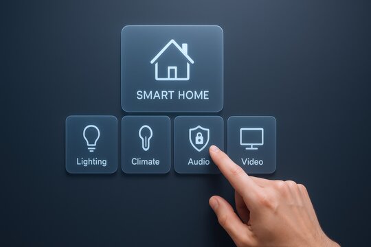 Smart Home Control Interface: Hand Interacting with Automation System for Lighting, Climate, Audio, and Video