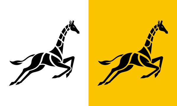 Silhouette of a running giraffe in black and white and yellow and blue color scheme