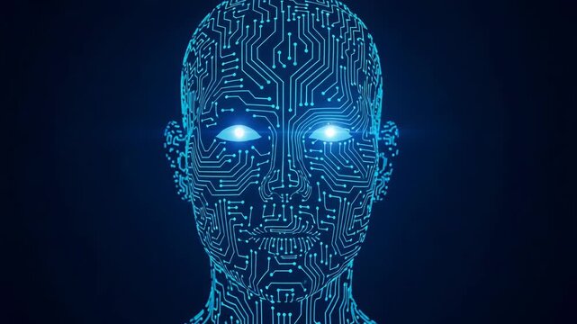 Digital human face made of blue circuit board pattern