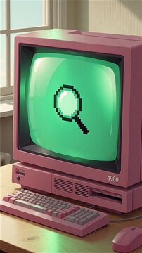 retro pink computer with pixel art graphics 