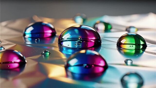 Close up of colorful water droplets on a shiny iridescent retro CD