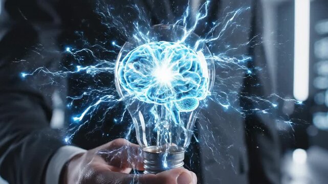 Concept d'Innovation et d'IA : Homme d'affaires tenant une ampoule avec un cerveau holographique lumineux