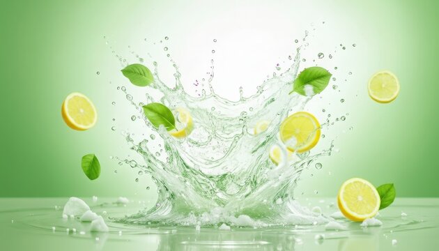 Refreshing Burst: Capturing the invigorating essence of summer with a dynamic splash of water, complete with floating citrus and vibrant green leaves.