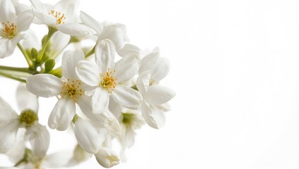 Obraz premium Jasmine spring flowers arranged on a white backdrop, suitable for editorial header background