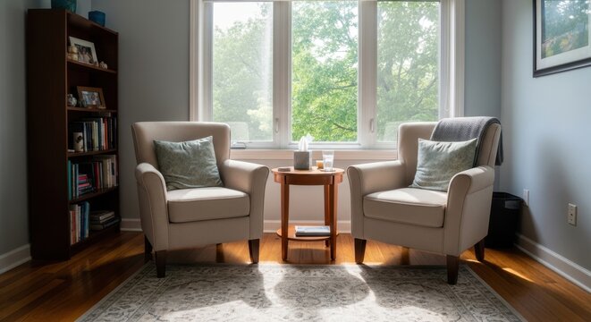 Counseling room with two empty chairs facing a bright window. Therapy session setup for mental health support and discussion.