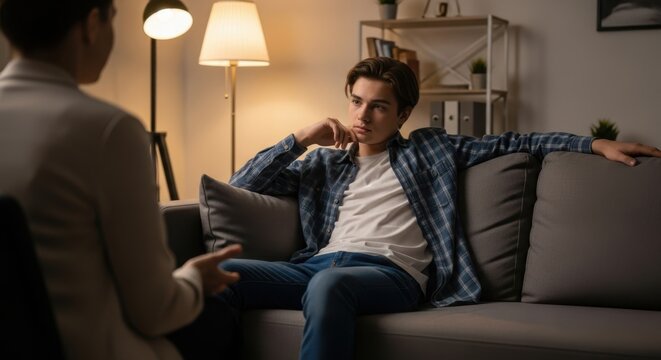 Male teenage patient on sofa listening to woman psychologist in therapy session. Mental health, adolescent support and counseling for young people.