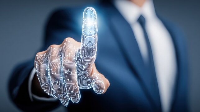 Digital Fingerprint Technology: Businessman Accessing Secure Data with Futuristic Biometric Identification on a Dark Background - Powered by Adobe
