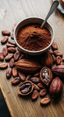 Cocoa Beans and Powder on Wooden Surface.
