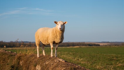 Obraz premium A vigilant sheep resting on the dike, embodying tranquility and alertness
