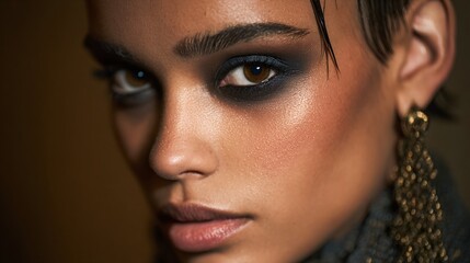 Editorial portrait of young model with dramatic smoky eye makeup and slick hairstyle