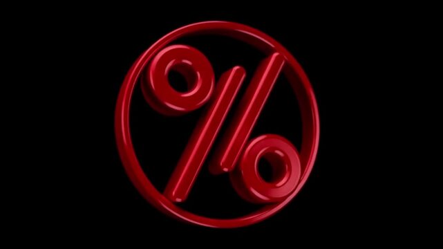 A red percentage symbol encased in a red circle against a stark black background display studio shot