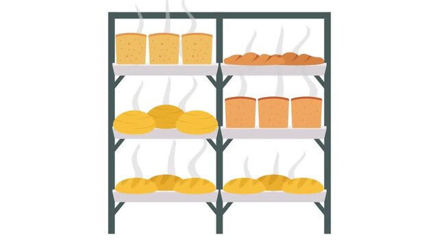 assorted of bread coming out of oven animation, Bakery Shelves with Steaming Breads animated video, baker and food production unit motion graphics, 