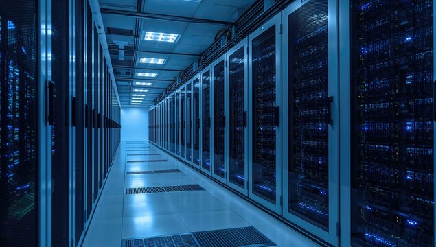 An operational data center filled with rows of servers, efficiency