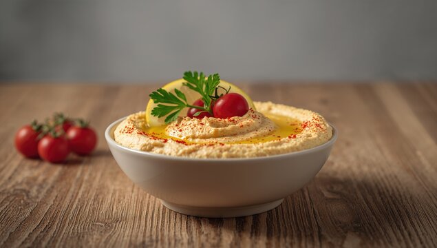 Hummus presented in a dish on a wooden table, ideal for appetizer settings