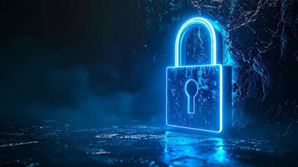 Neon Blue Padlock Symbolizing Digital Security and Data Protection. - Powered by Adobe