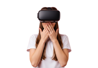 Young woman wearing a virtual reality headset isolated on transparent background