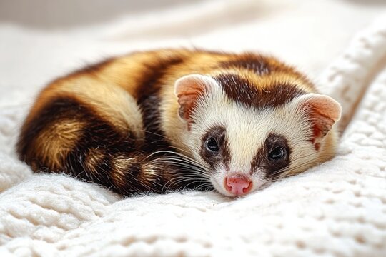 Close-up of a curled-up ferret with brown, white, and black fur resting on a soft white blanket, looking directly at the camera with a calm and gentle expression