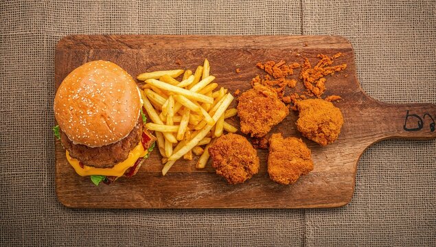 Burger, fried chicken, and french fries arranged on a wooden cutting board, indulgent fast food meal, National Fast Food Day - Powered by Adobe