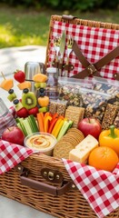 Picnic Basket Filled with Fruits, Vegetables, and Snacks.