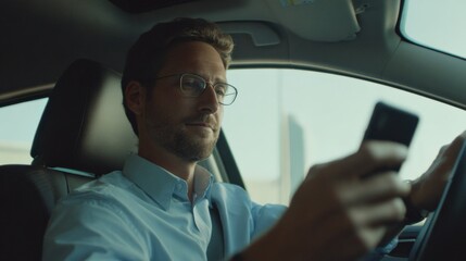 Man Using Smartphone While Driving a Car, Risky Behavior, Distracted Driving Concept, Transportation Safety