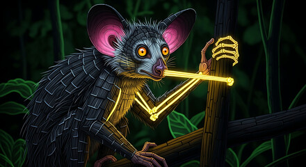 Obraz premium Mosaic Neon Aye-Aye Lemur, Strange Nocturnal Primate, Long Finger Glow Art
