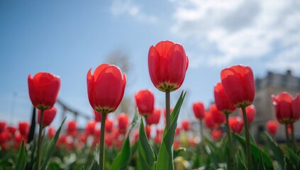 Bright red tulips blossoming in a garden bed beneath a clear sunny sky. Vertical image with a soft focus and a backdrop of blue sky and scattered clouds, perfect for floral industry themes.