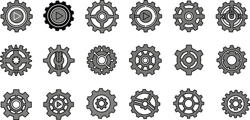 Gear icons collection, mechanical symbols set, industrial cogwheels, grayscale gears, engineering elements, UI components, piston design, vector gear illustrations