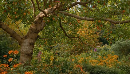 Green Rowan tree in a garden, showcasing vibrant orange and yellow hues, seasonal change