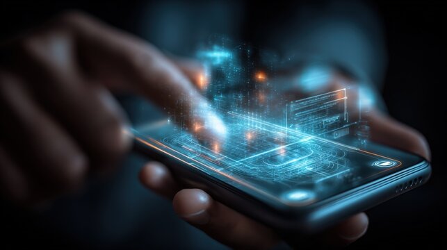 Person Interacting with Holographic Technology on a Smartphone, Showcasing Future Innovation and Digital Connectivity - Powered by Adobe