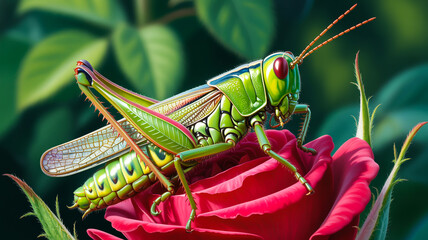 A photorealistic painting of a green grasshopper perched on a vibrant red rose.