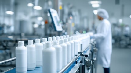 Automated Manufacturing: Bottles on Conveyor Belt in Sterile Environment, Focus on Quality Control and Streamlined Production