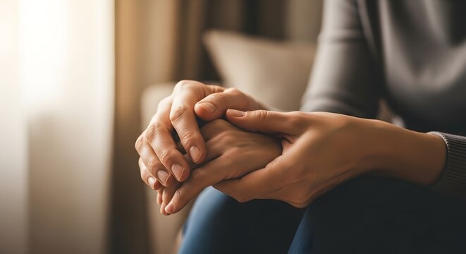 Gentle hands clasped in comfort and support, conveying empathy and a deep human connection during difficult times.
