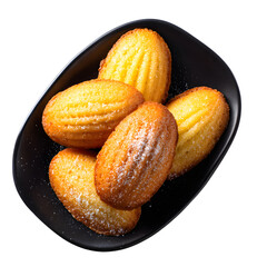 Delicious French Madeleines on Elegant Black Plate, Isolated on White Background