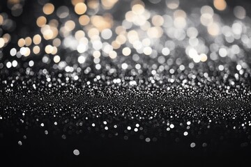 Close-up image of light reflections on a dark surface creating sparkling bokeh effect with bright and warm glimmers conveying a festive and magical atmosphere