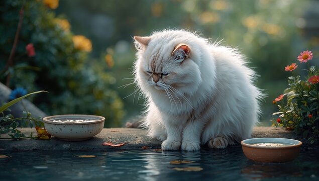 Cat resting calmly by the water, embracing tranquility