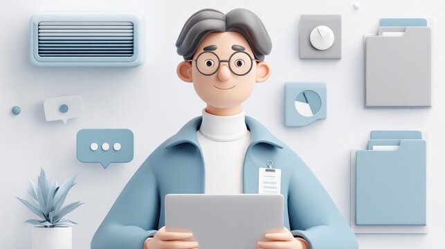 Cartoon Businessman Holding Tablet Surrounded by Interface Icons in Blue and White, Representing Business and Technology