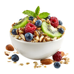 Vibrant Fresh Fruit and Granola Bowl with Berries and Kiwi - Healthy Breakfast Concept