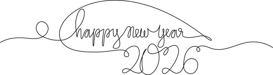 continuous line drawing of handwritten words HAPPY NEW YEAR 2026, line art vector illustration