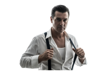 Man in white shirt and suspenders isolated on transparent background