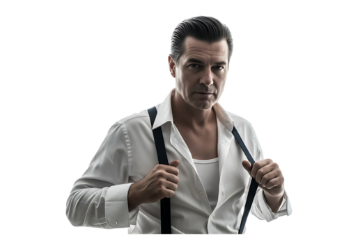 Man in white shirt and suspenders isolated on transparent background - Powered by Adobe