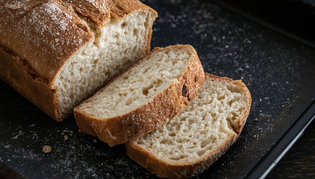 Close-up of sliced homemade white bread with wheat flour on a rustic black baking tray
