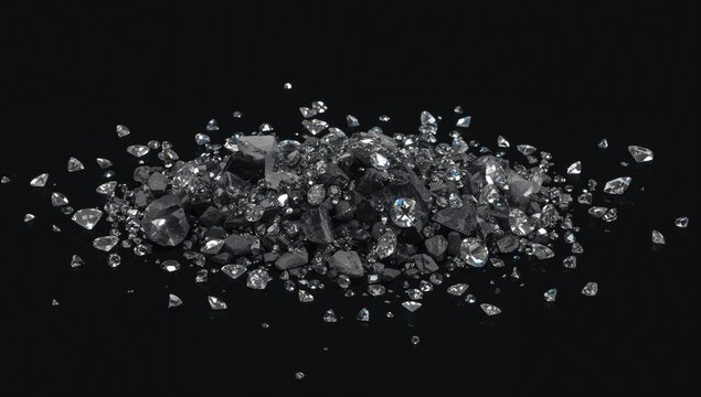 Scattered diamonds on a dark surface, showcasing raw diamond stones, mining implications