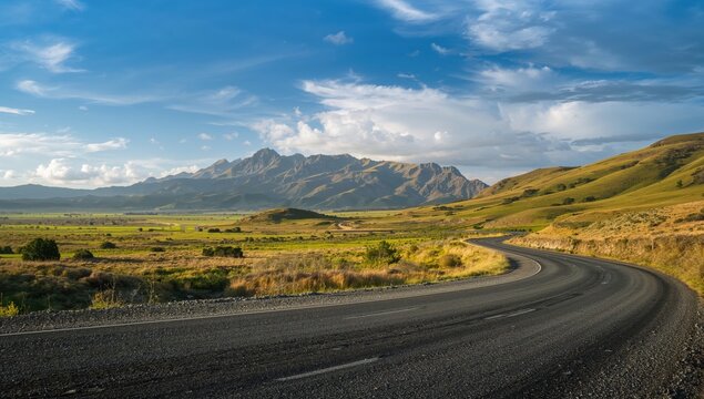 Asphalt road winding towards mountains under cloudy sky, urban density