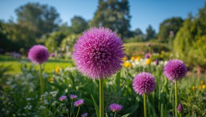 Vibrant violet allium flowers blooming in a sunny garden