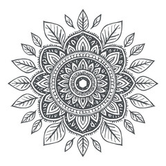 Floral Mandala with Leaf Pattern – Intricate Black and White Design