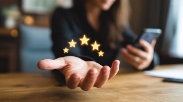 Five-Star Feedback: An elegant woman's hand, gracefully displaying a cascade of golden stars, symbolizes excellent service in a setting of warm light, reflecting high ratings and positive feedback. 