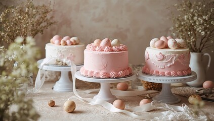 Decorated Easter cakes and eggs featuring pink pastel hues, ideal for spring festivities
